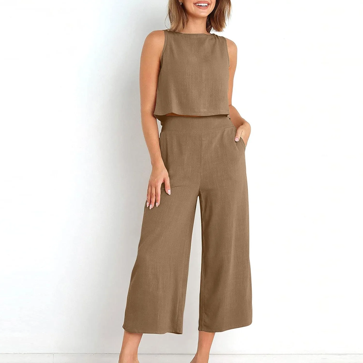 Cotton Linen 2 Piece Outfits for Women Crop Tank Tops and Wide Leg Pants Casual Matching Set Summer Beach Clothes