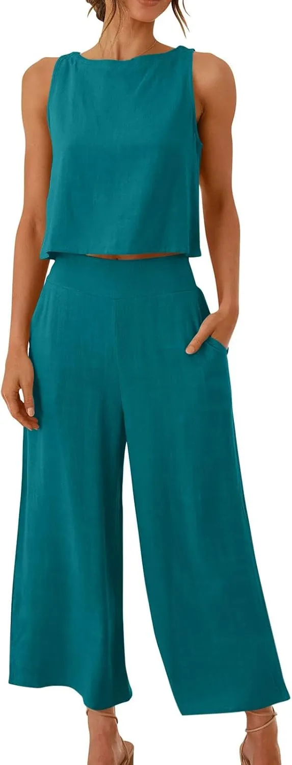 Cotton Linen 2 Piece Outfits for Women Crop Tank Tops and Wide Leg Pants Casual Matching Set Summer Beach Clothes