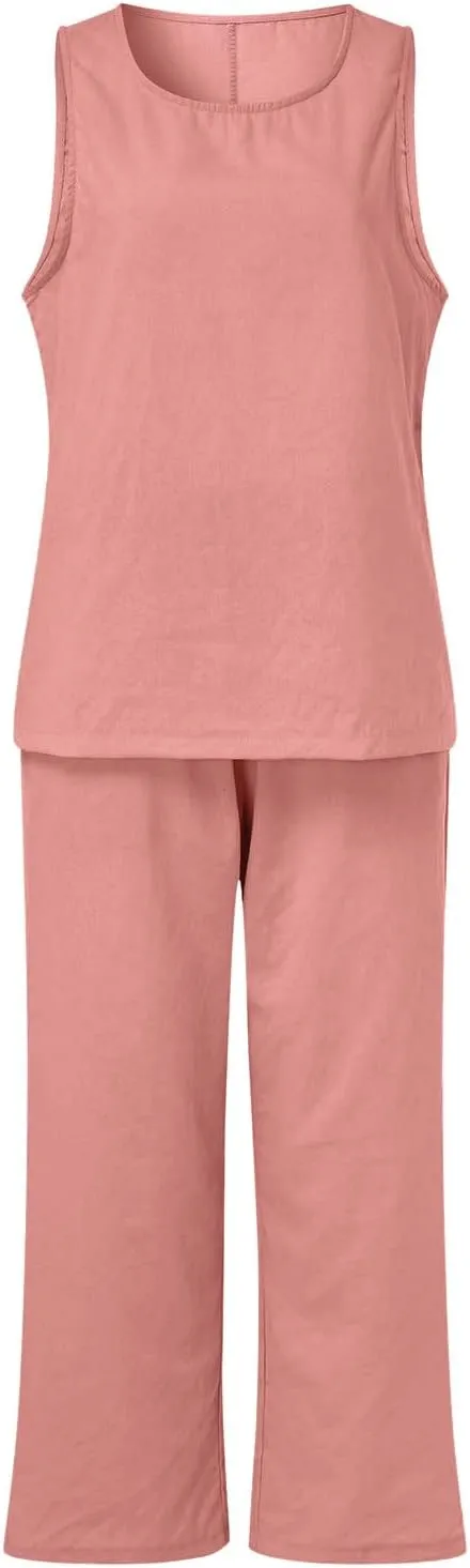 Cotton Linen Sets 2 Piece Outfits for Womens Oversized Tops and Wide Leg Pants Sweatsuit Summer Casual Pants Suit
