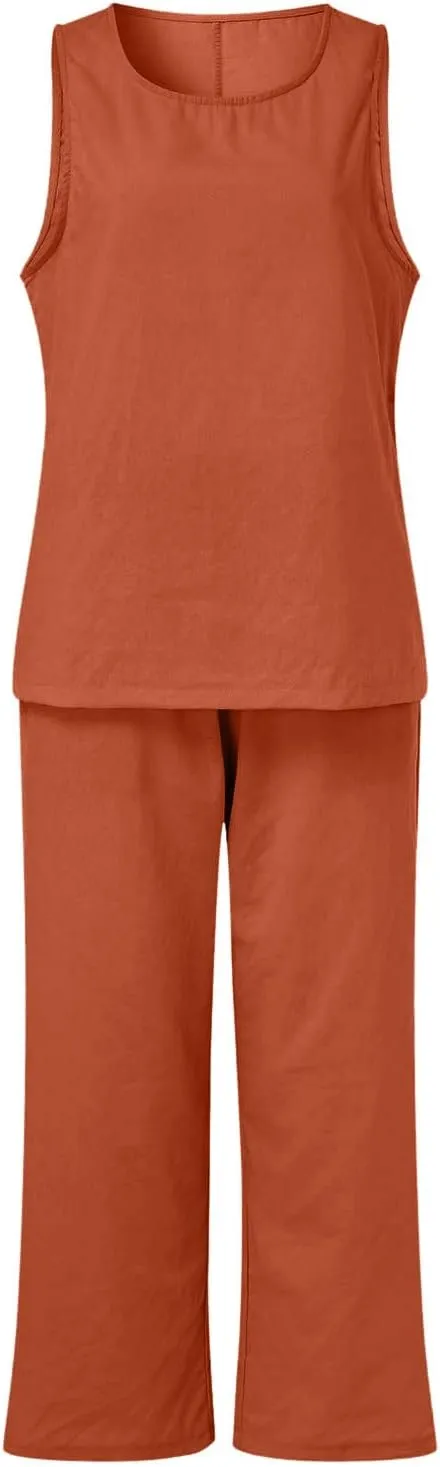 Cotton Linen Sets 2 Piece Outfits for Womens Oversized Tops and Wide Leg Pants Sweatsuit Summer Casual Pants Suit