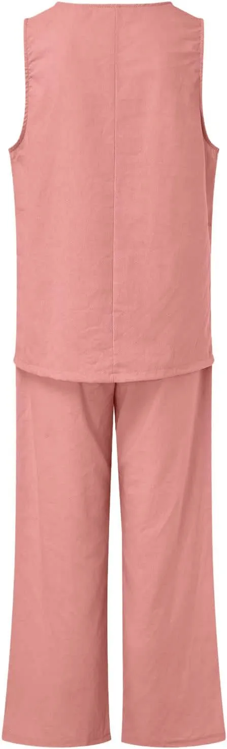 Cotton Linen Sets 2 Piece Outfits for Womens Oversized Tops and Wide Leg Pants Sweatsuit Summer Casual Pants Suit