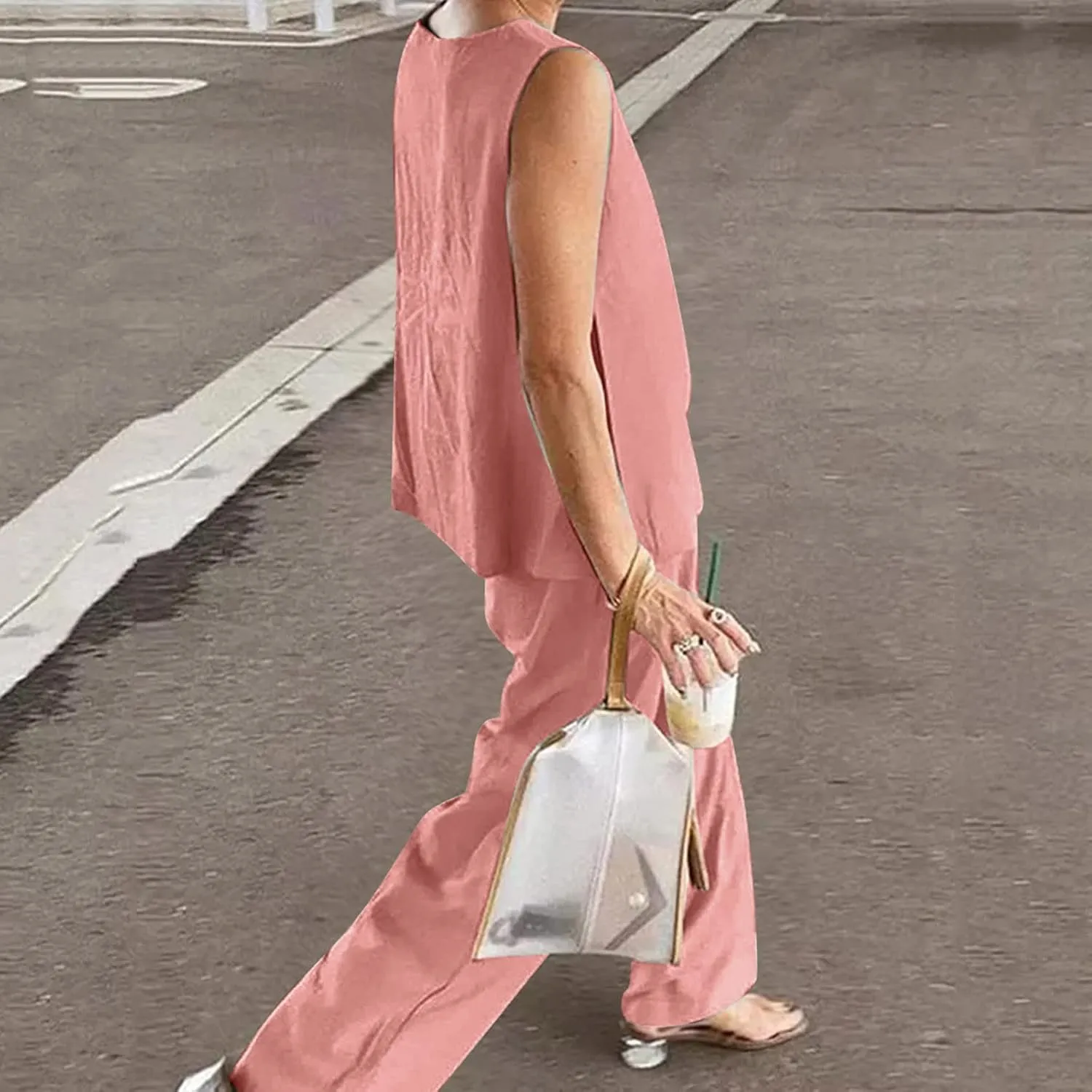 Cotton Linen Sets 2 Piece Outfits for Womens Oversized Tops and Wide Leg Pants Sweatsuit Summer Casual Pants Suit