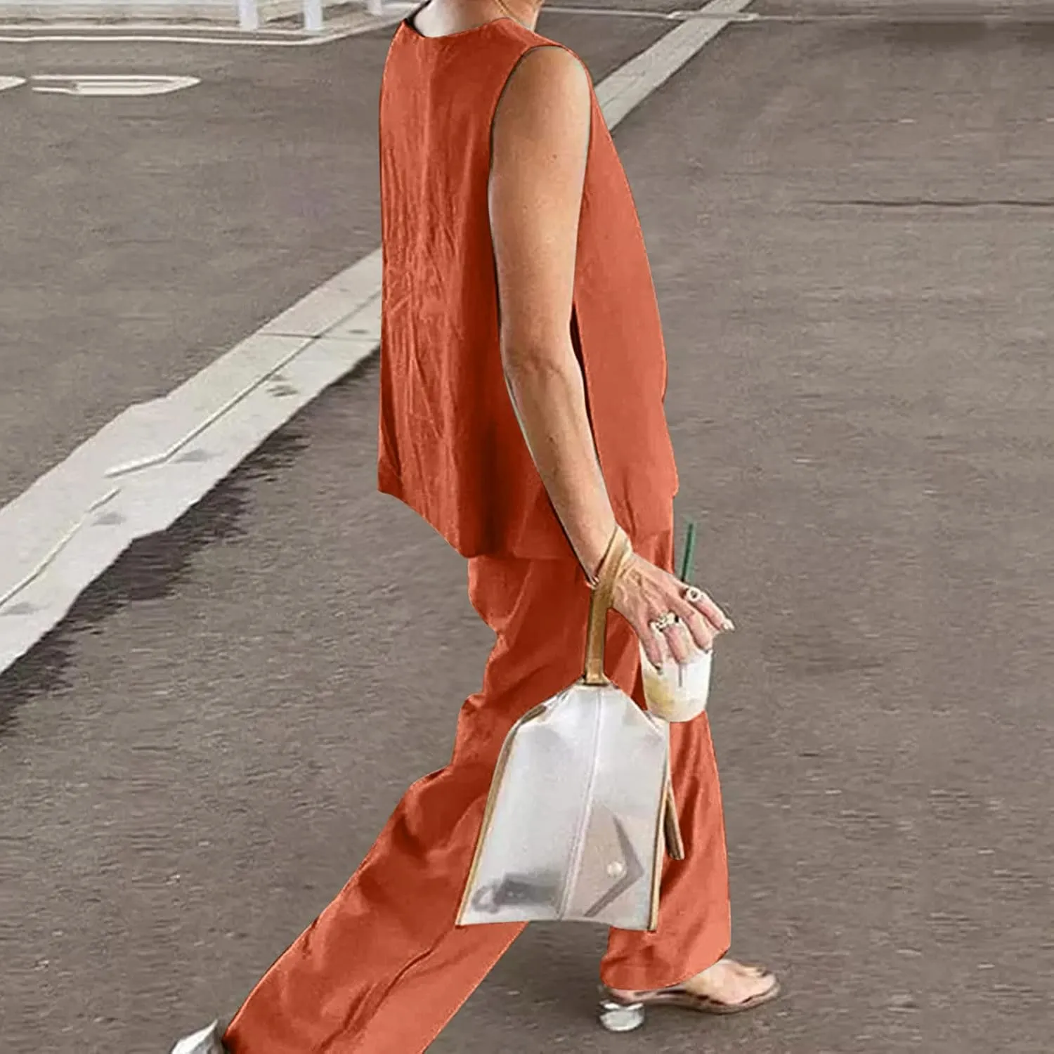 Cotton Linen Sets 2 Piece Outfits for Womens Oversized Tops and Wide Leg Pants Sweatsuit Summer Casual Pants Suit