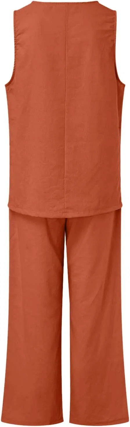 Cotton Linen Sets 2 Piece Outfits for Womens Oversized Tops and Wide Leg Pants Sweatsuit Summer Casual Pants Suit