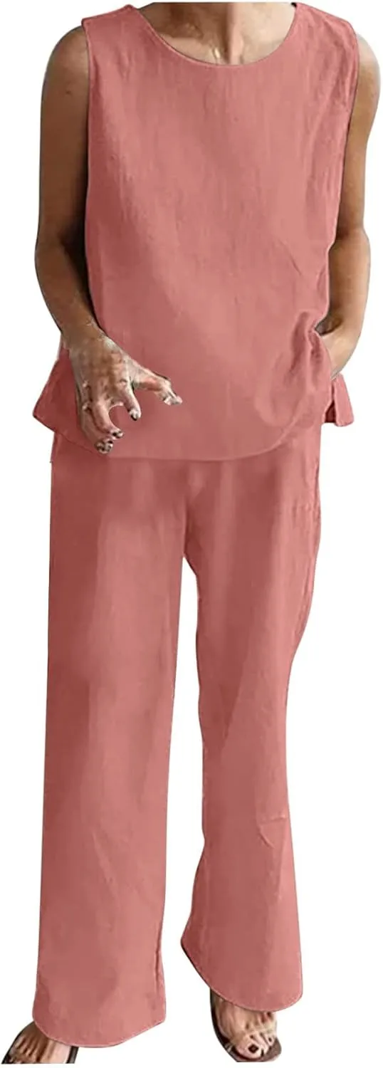 Cotton Linen Sets 2 Piece Outfits for Womens Oversized Tops and Wide Leg Pants Sweatsuit Summer Casual Pants Suit