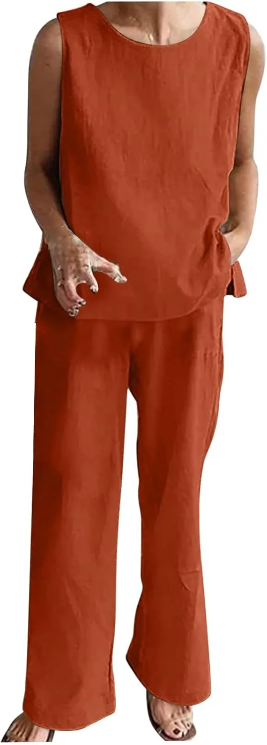 Cotton Linen Sets 2 Piece Outfits for Womens Oversized Tops and Wide Leg Pants Sweatsuit Summer Casual Pants Suit
