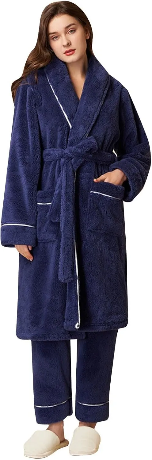 Couples Pajama Sets Shawl Collar Fleece Bathrobe and Long Pants Warm Robe with Pockets Cozy Sleepwear Pajamas Winter