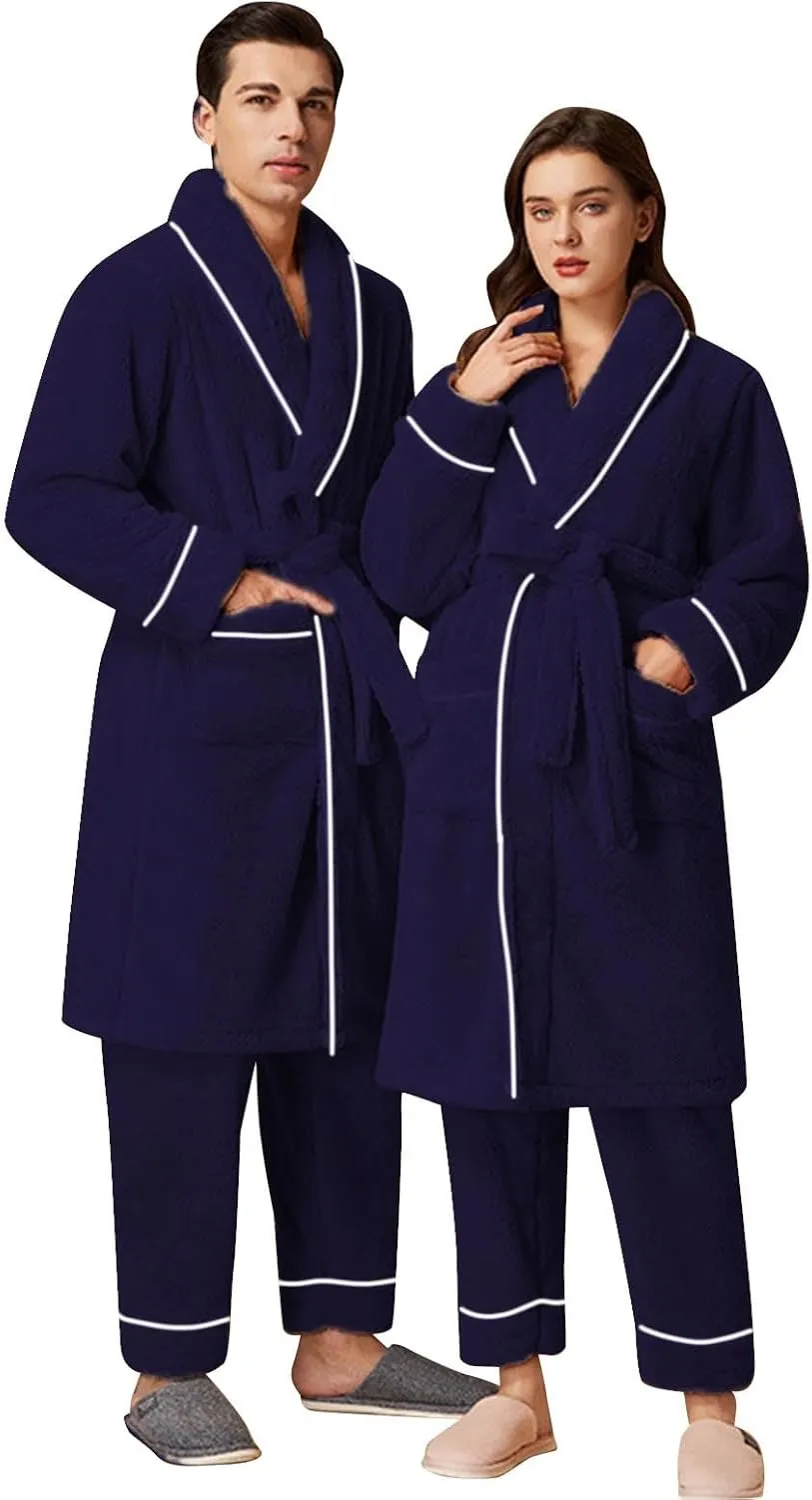 Couples Pajama Sets Shawl Collar Fleece Bathrobe and Long Pants Warm Robe with Pockets Cozy Sleepwear Pajamas Winter