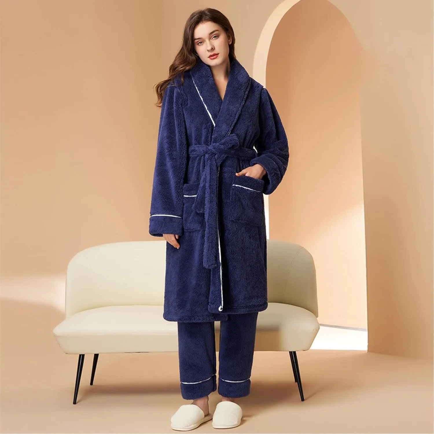 Couples Pajama Sets Shawl Collar Fleece Bathrobe and Long Pants Warm Robe with Pockets Cozy Sleepwear Pajamas Winter