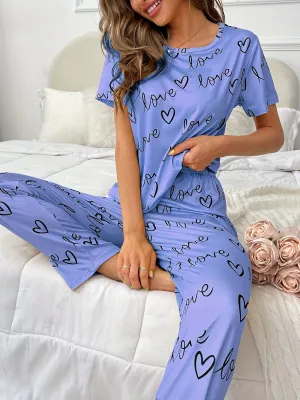 Cozy Pink Pajamas Set, Love Hearts Printed Short Sleeve Top Elastic Waist Pants