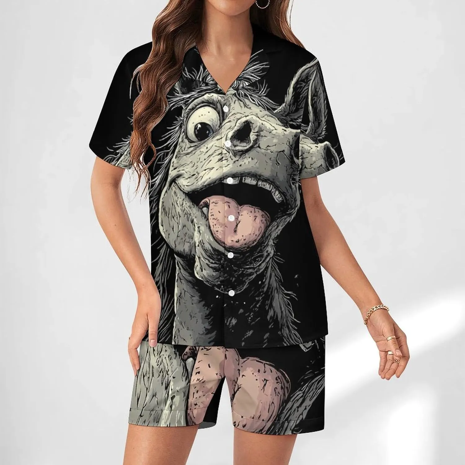 Crazy Horse Satin Pajamas For Women Set Botton Down Short Sleeves Silk Sleepwear