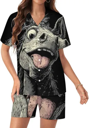 Crazy Horse Satin Pajamas For Women Set Botton Down Short Sleeves Silk Sleepwear