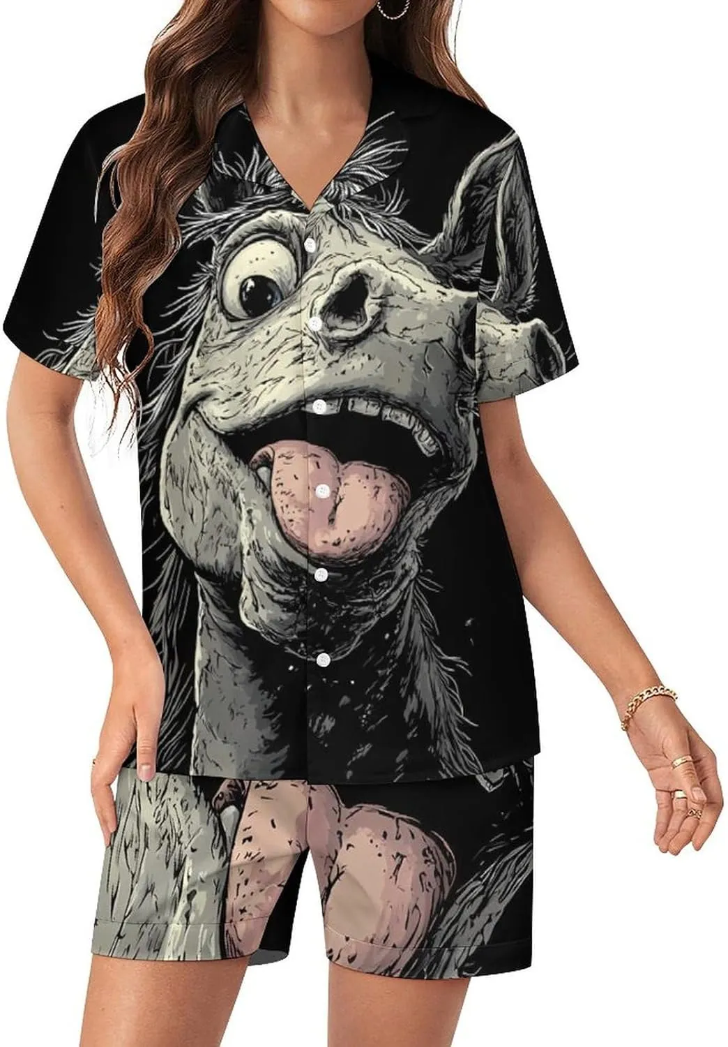Crazy Horse Satin Pajamas For Women Set Botton Down Short Sleeves Silk Sleepwear