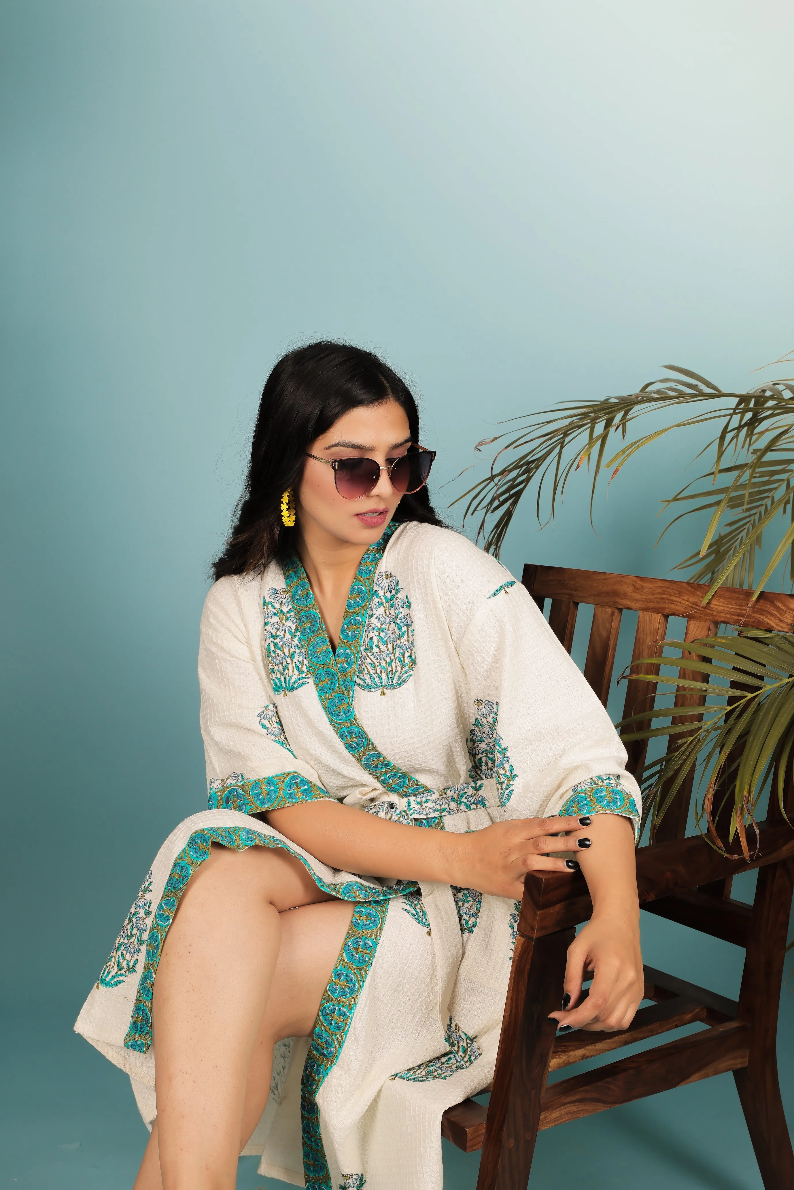 Cream & Green Handblock Print Unisex Bathrobe