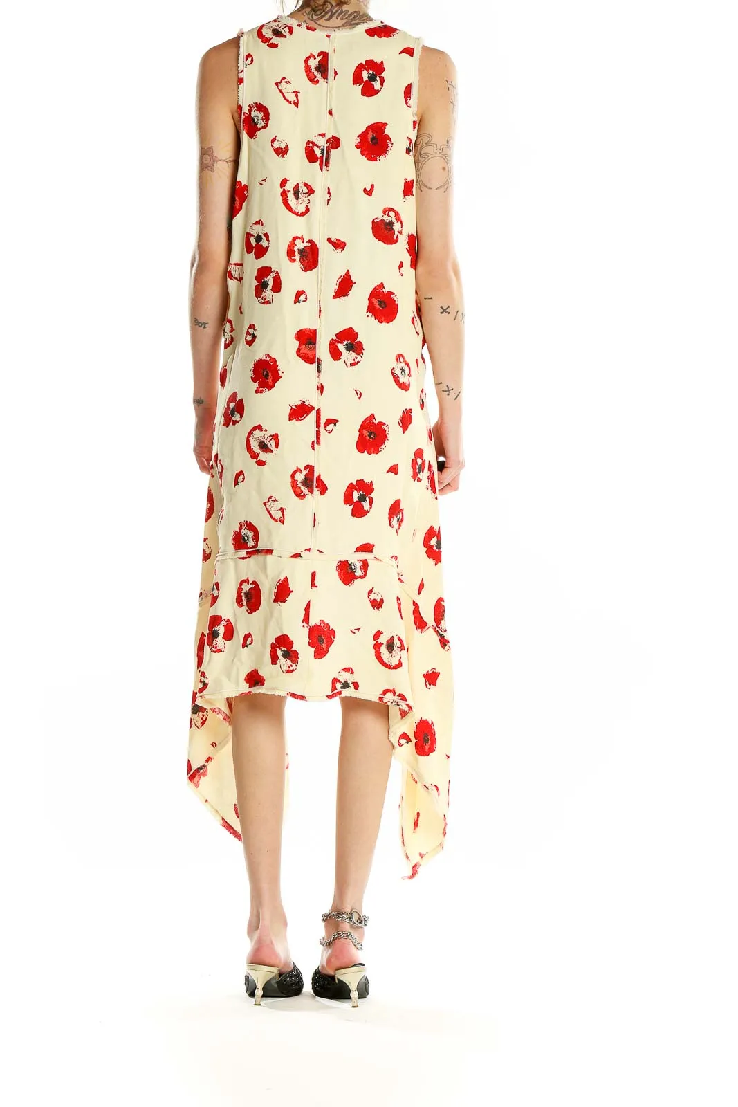 Cream Floral Print High-Low Sleeveless Dress