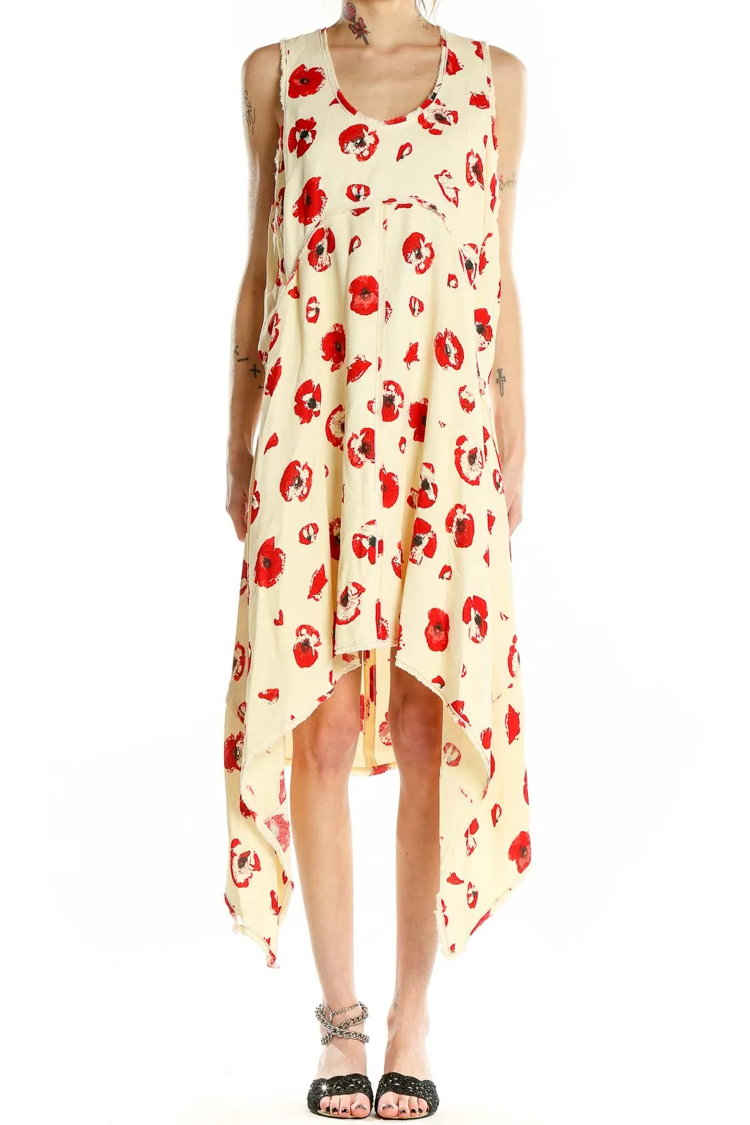 Cream Floral Print High-Low Sleeveless Dress