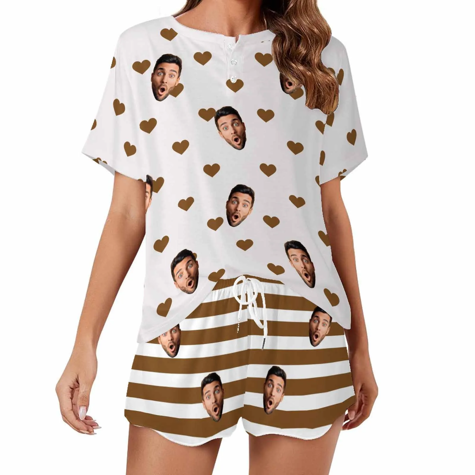 Custom Faces Women Short Pajama Set Personalized Photo Short Nightwear for GF Wife Valentine Gift for Her