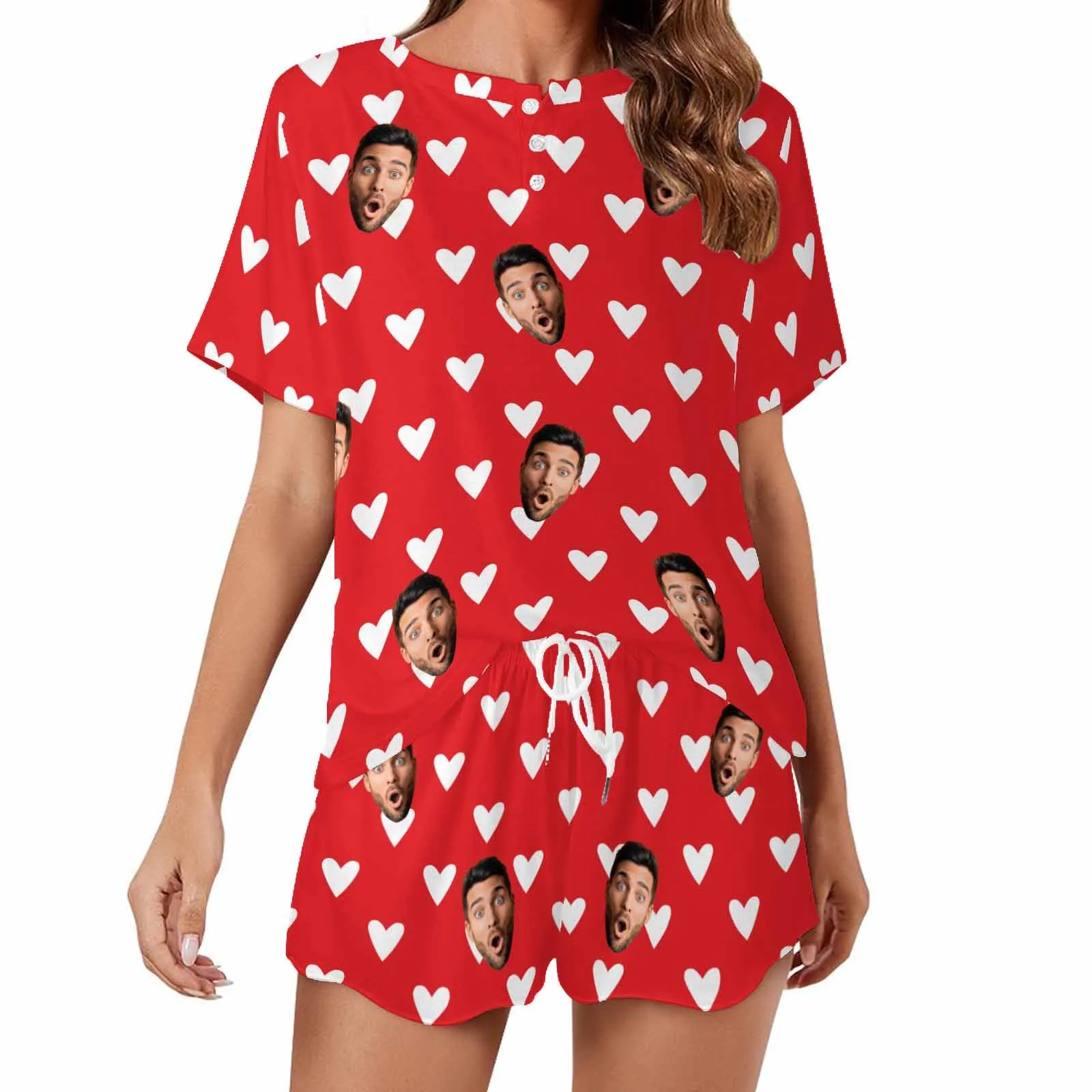 Custom Faces Women Short Pajama Set Personalized Photo Short Nightwear for GF Wife Valentine Gift for Her