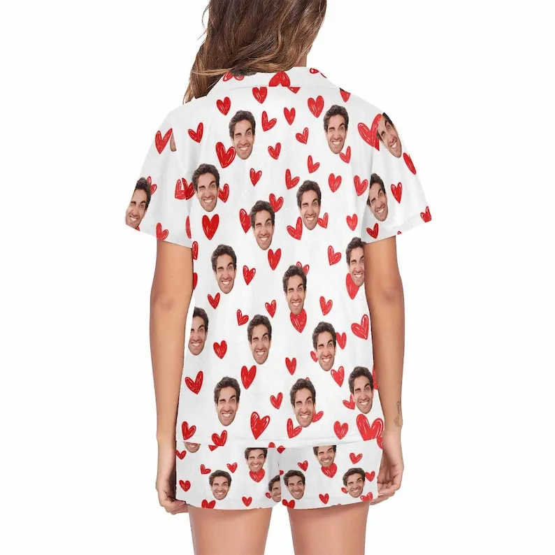 Custom Photo Pajamas,Personalized Face Short Pajama Set for Men/Women,Custom Sleepwear with Photo,Heart Couple PJs,Birthday Gift