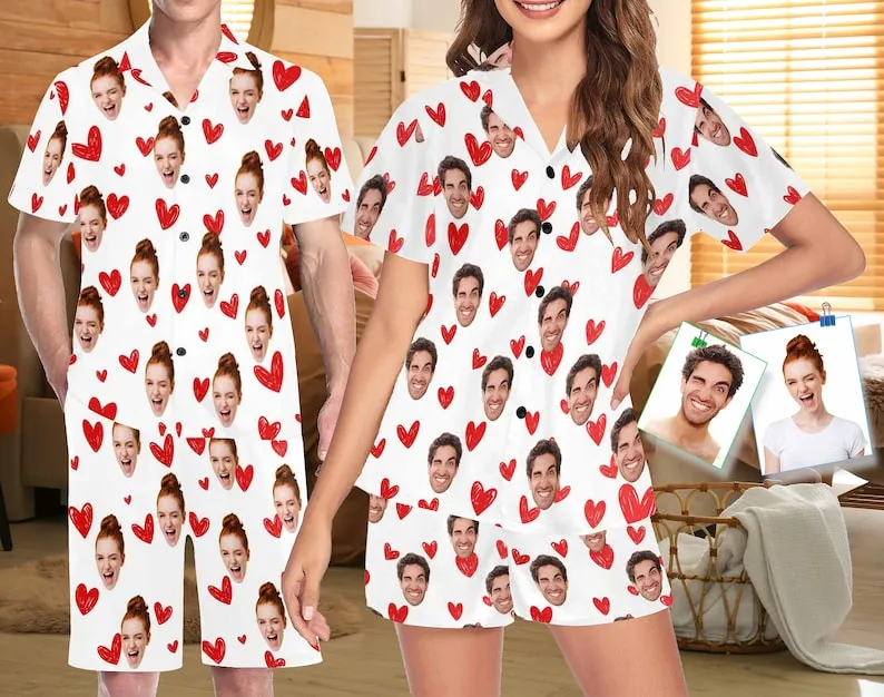 Custom Photo Pajamas,Personalized Face Short Pajama Set for Men/Women,Custom Sleepwear with Photo,Heart Couple PJs,Birthday Gift