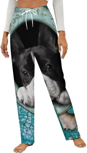 Cute Boston Terrier Women's Flannel Pajama Pants Fleece Lounge Sleep Bottoms PJ