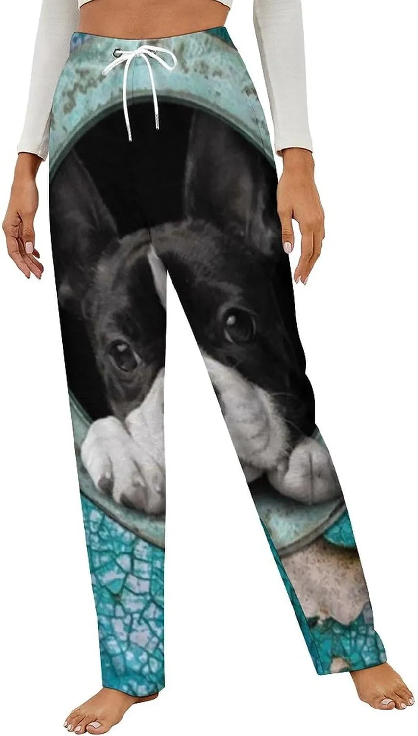 Cute Boston Terrier Women's Flannel Pajama Pants Fleece Lounge Sleep Bottoms PJ