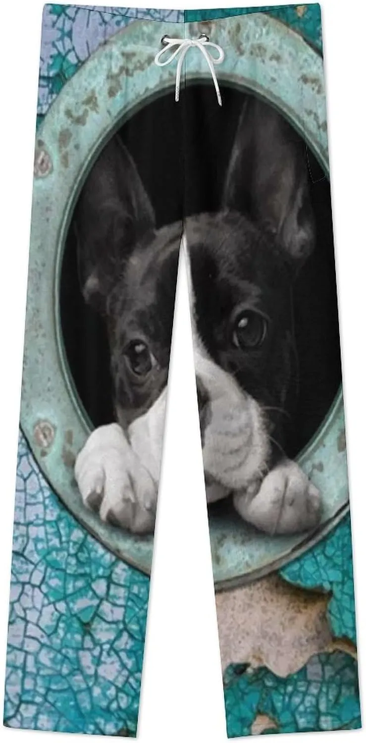 Cute Boston Terrier Women's Flannel Pajama Pants Fleece Lounge Sleep Bottoms PJ