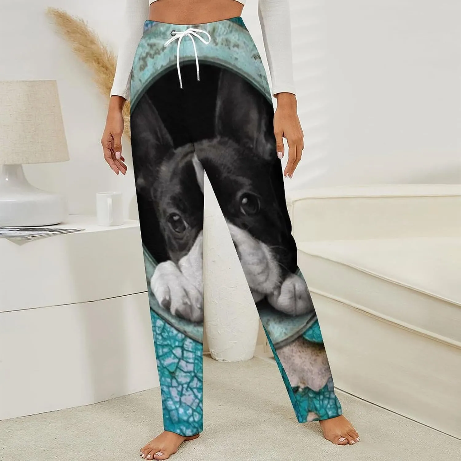 Cute Boston Terrier Women's Flannel Pajama Pants Fleece Lounge Sleep Bottoms PJ