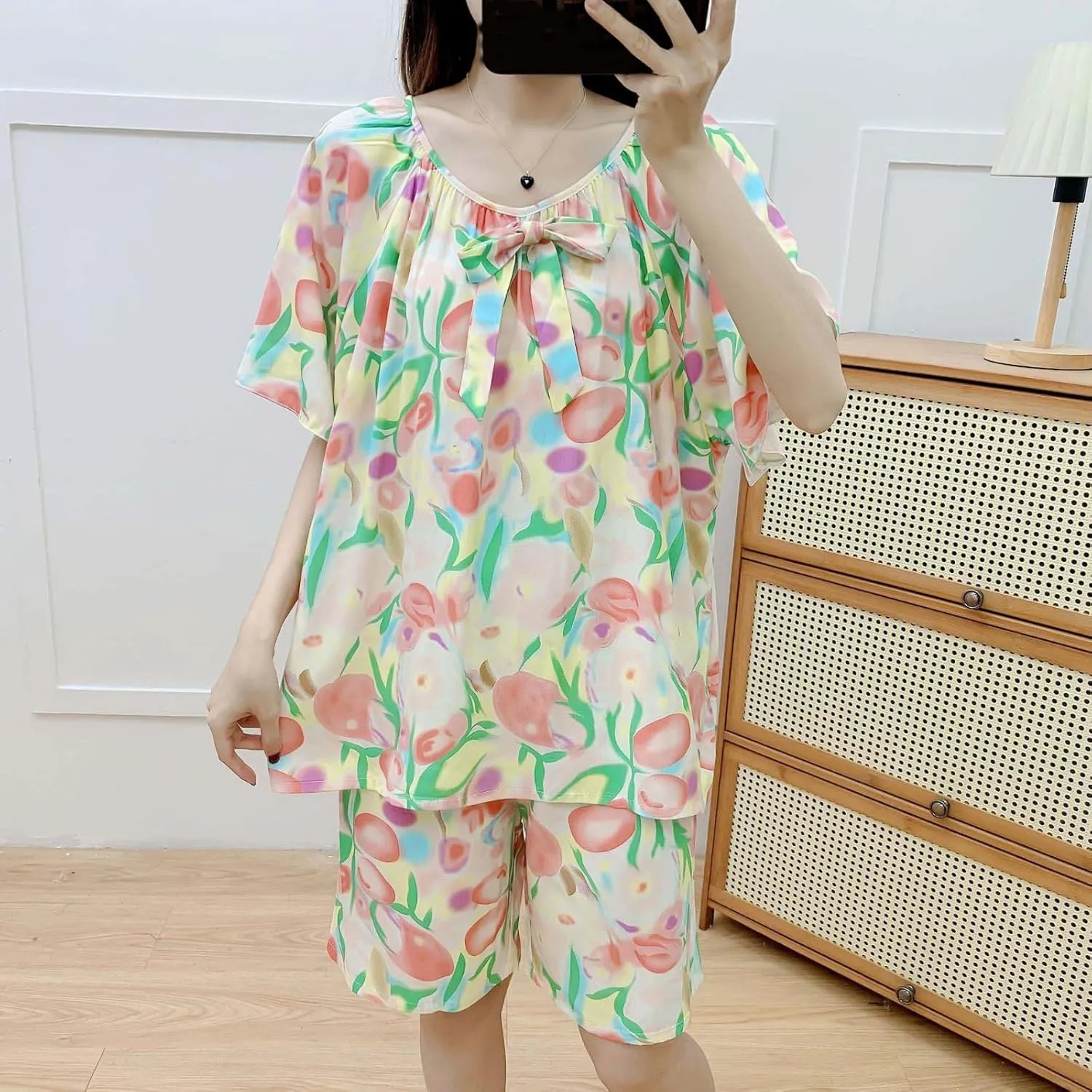 Cute Bow Tie Pajama Set for Women Loose Fit 2 Piece Lounge Outfit Fashion Print Short Sleeve T Shirt and Shorts Sets
