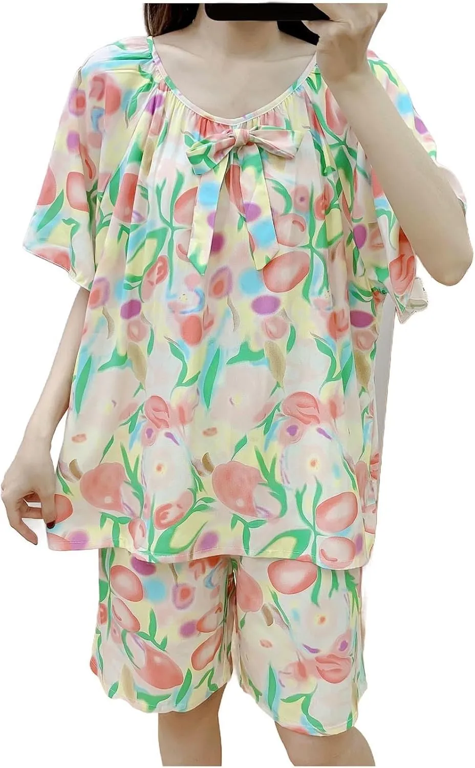 Cute Bow Tie Pajama Set for Women Loose Fit 2 Piece Lounge Outfit Fashion Print Short Sleeve T Shirt and Shorts Sets
