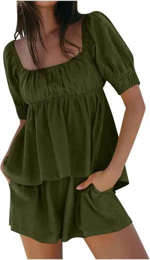 Cute Cotton Linen Lounge Set Women Fashion 2 Piece Outfit Square Neck Puff Short Sleeve Babydoll T Shirts and Shorts