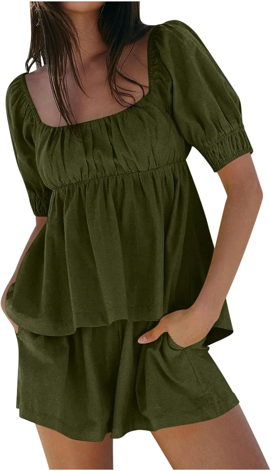 Cute Cotton Linen Lounge Set Women Fashion 2 Piece Outfit Square Neck Puff Short Sleeve Babydoll T Shirts and Shorts