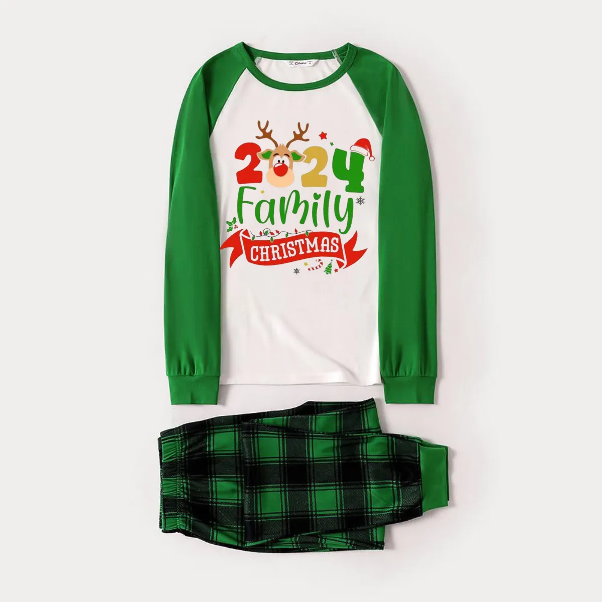 Cute Deer and Family Christmas 2024 Print Long Sleeve Top With Green & Black Plaid Christmas Matching Pajamas