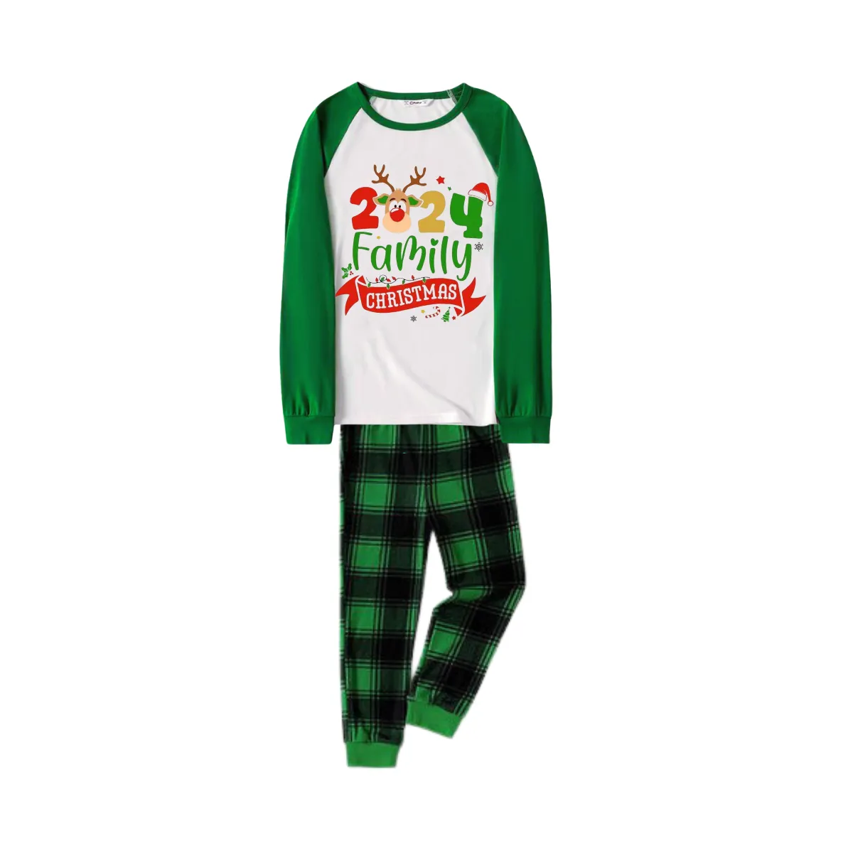 Cute Deer and Family Christmas 2024 Print Long Sleeve Top With Green & Black Plaid Christmas Matching Pajamas