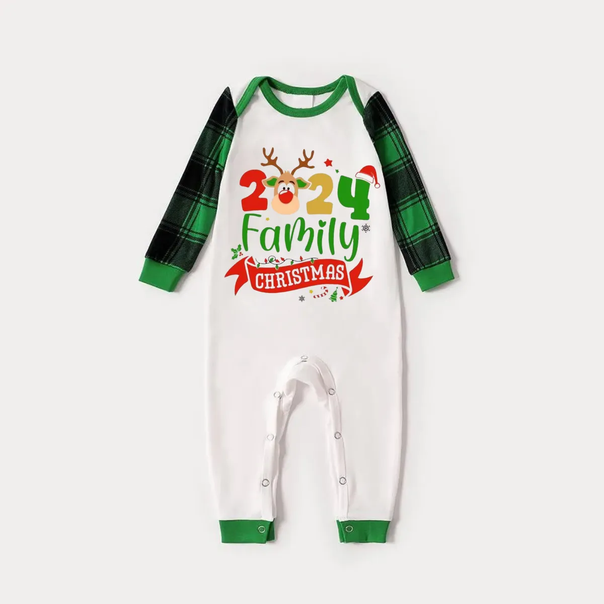 Cute Deer and Family Christmas 2024 Print Long Sleeve Top With Green & Black Plaid Christmas Matching Pajamas