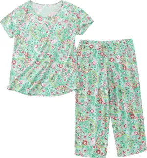 Cute Pajama Set for Women 2 Piece Print Lounge Set Soft Short Sleeve Pjs Capri Pants Sleepwear Casual Loungewear Set