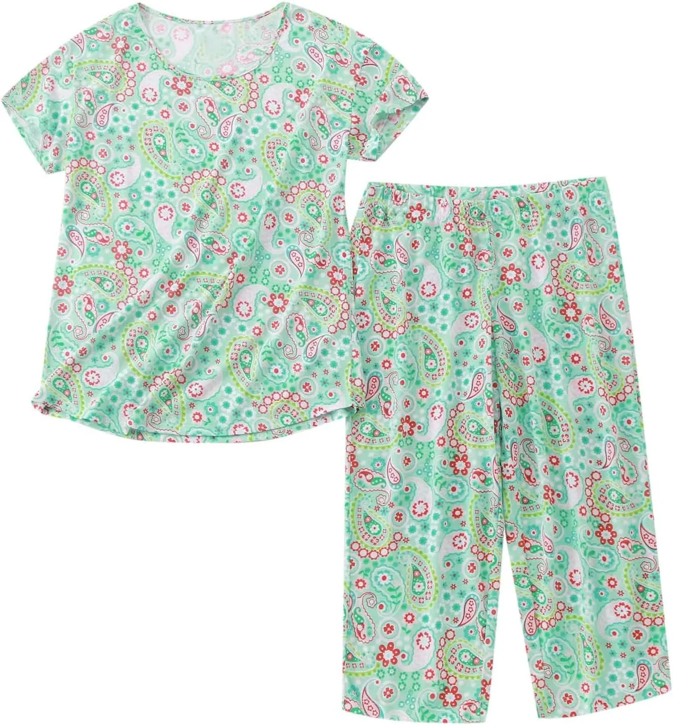 Cute Pajama Set for Women 2 Piece Print Lounge Set Soft Short Sleeve Pjs Capri Pants Sleepwear Casual Loungewear Set