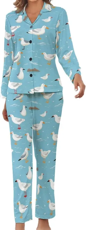 Cute Seagulls Womens Pajamas Satin PJ Set Button Down Loungewear Set 2 Piece Lounge Sets