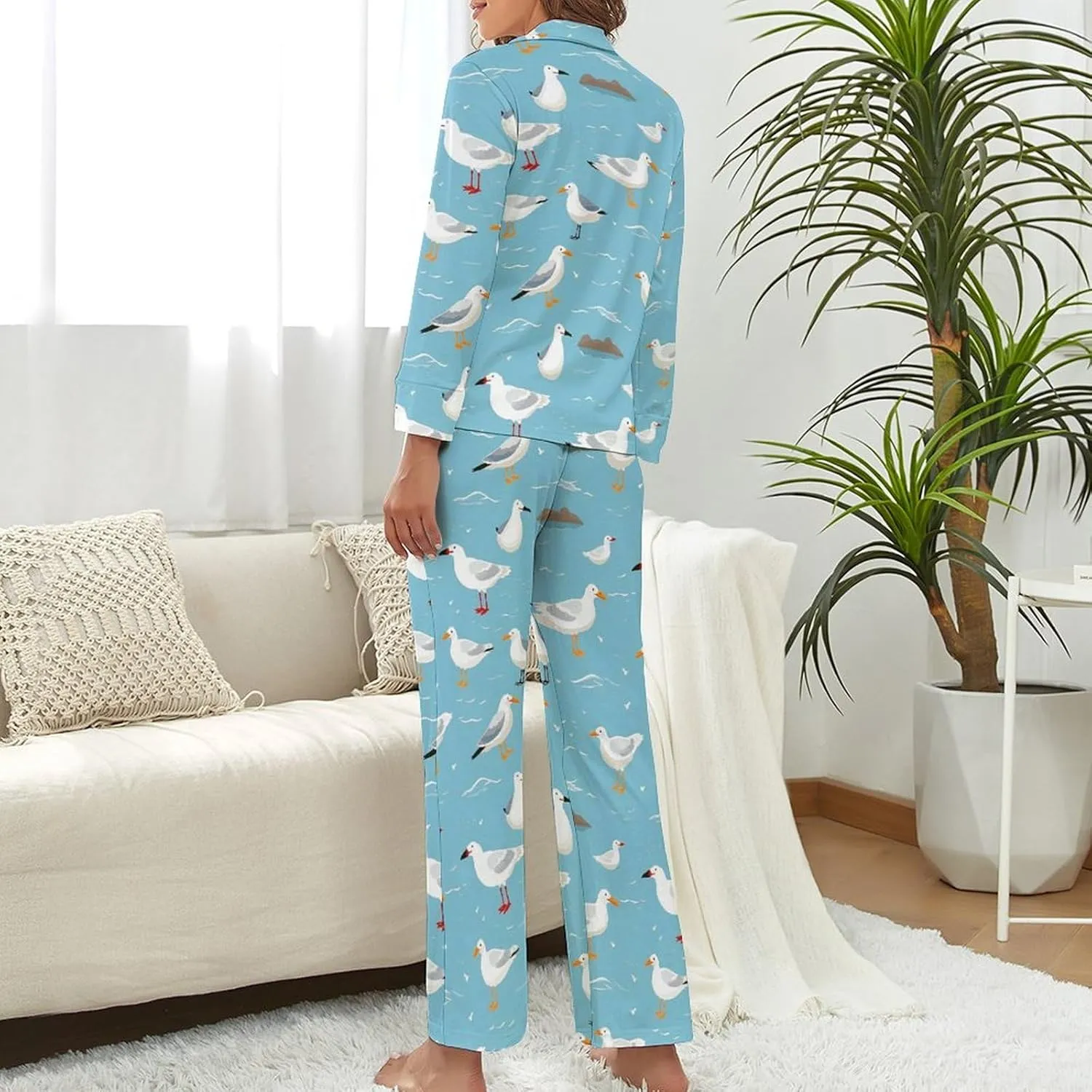 Cute Seagulls Womens Pajamas Satin PJ Set Button Down Loungewear Set 2 Piece Lounge Sets