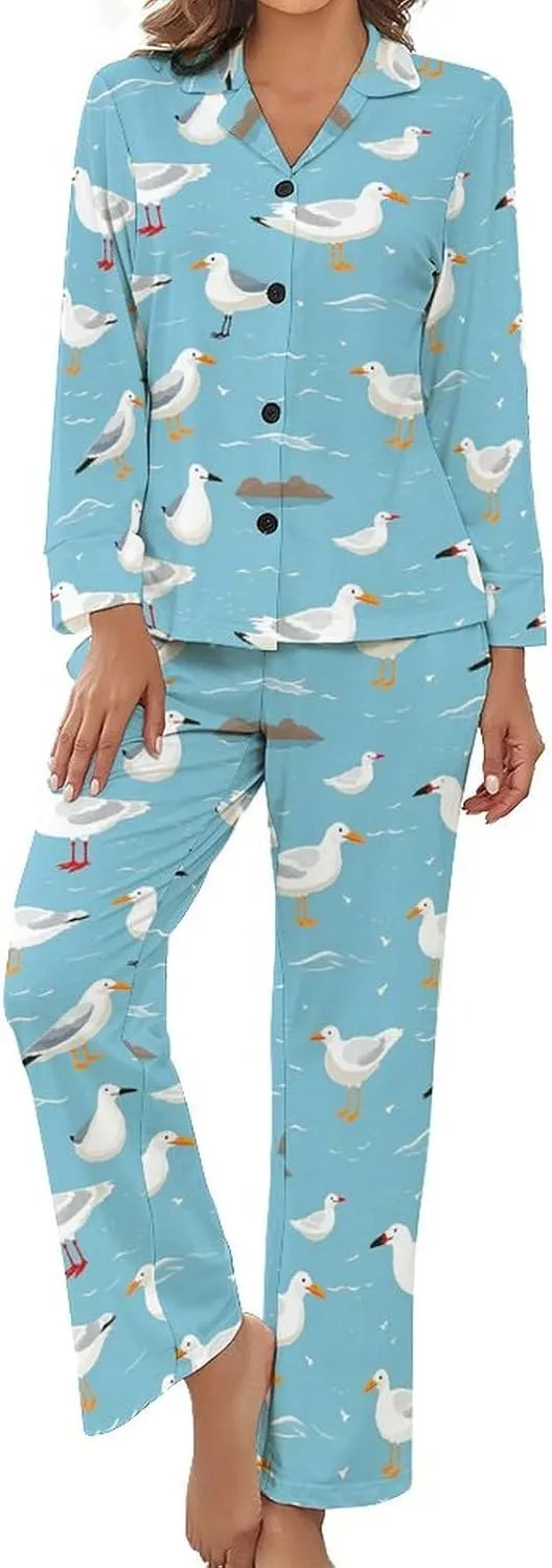 Cute Seagulls Womens Pajamas Satin PJ Set Button Down Loungewear Set 2 Piece Lounge Sets