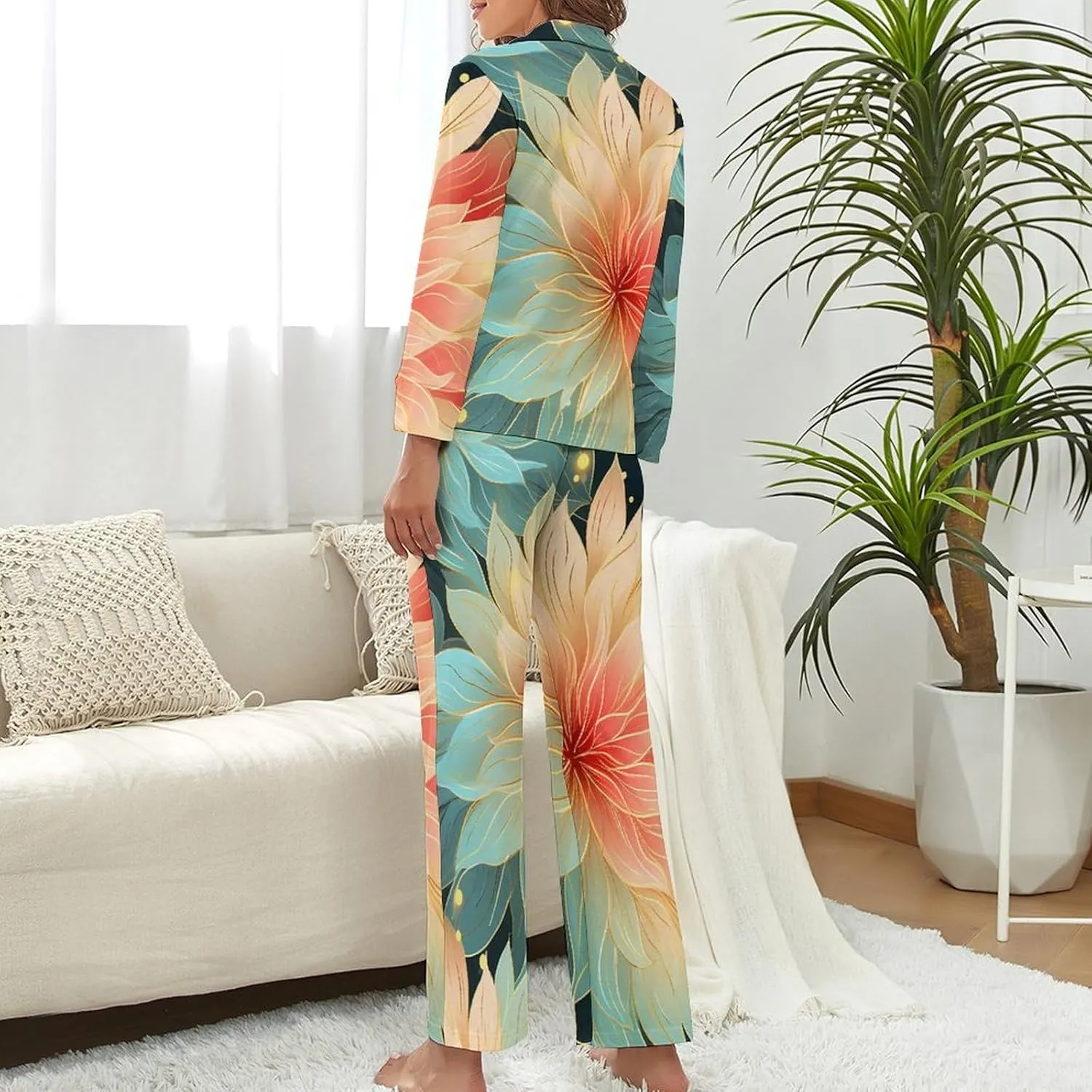 Dahlia Pinnata Flower Womens Pajamas Satin PJ Set Button Down Loungewear Set 2 Piece Lounge Sets