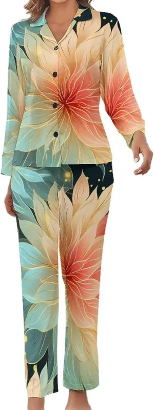 Dahlia Pinnata Flower Womens Pajamas Satin PJ Set Button Down Loungewear Set 2 Piece Lounge Sets