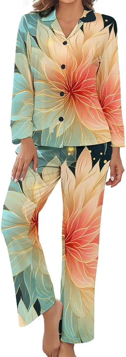 Dahlia Pinnata Flower Womens Pajamas Satin PJ Set Button Down Loungewear Set 2 Piece Lounge Sets