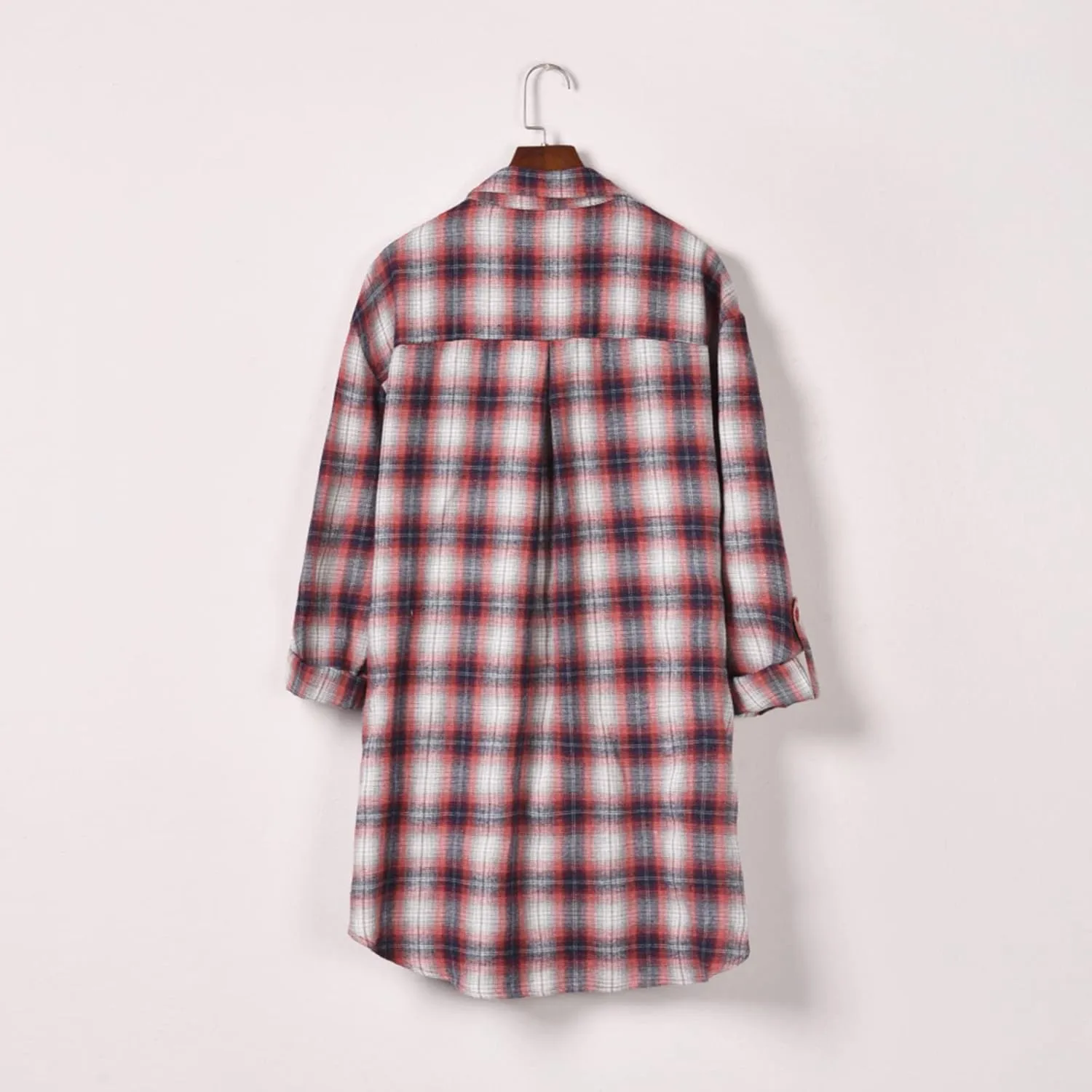 DASAYO Women Plaid Long Jacket Casual Long Sleeve Shirt Blouses Oversized Button Down Long Cardigan Oversized Boyfriend Tops
