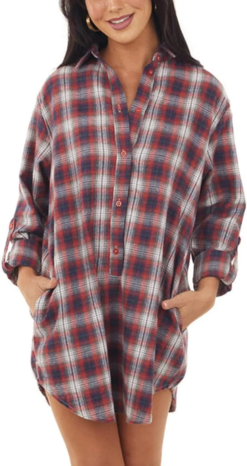 DASAYO Women Plaid Long Jacket Casual Long Sleeve Shirt Blouses Oversized Button Down Long Cardigan Oversized Boyfriend Tops