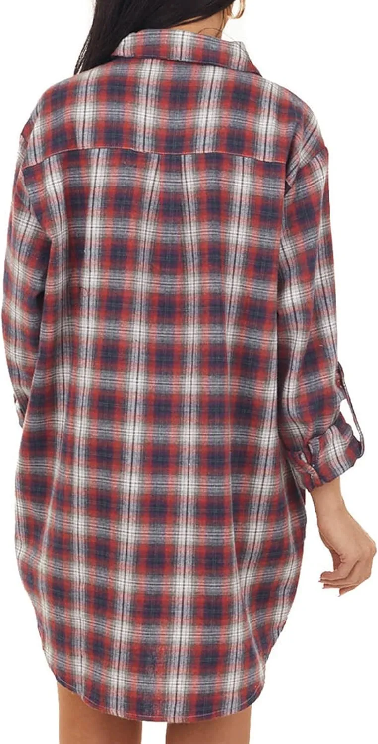 DASAYO Women Plaid Long Jacket Casual Long Sleeve Shirt Blouses Oversized Button Down Long Cardigan Oversized Boyfriend Tops