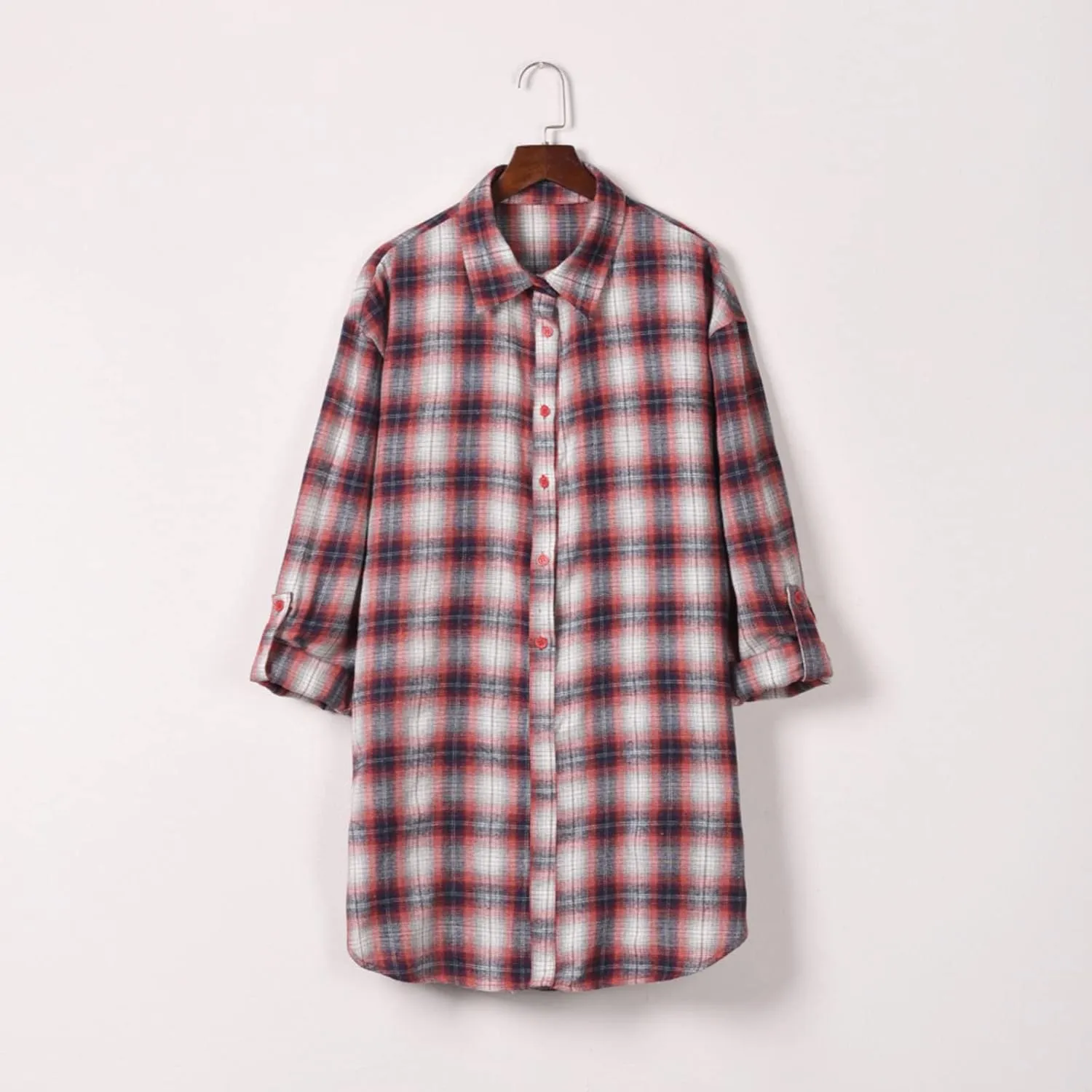 DASAYO Women Plaid Long Jacket Casual Long Sleeve Shirt Blouses Oversized Button Down Long Cardigan Oversized Boyfriend Tops