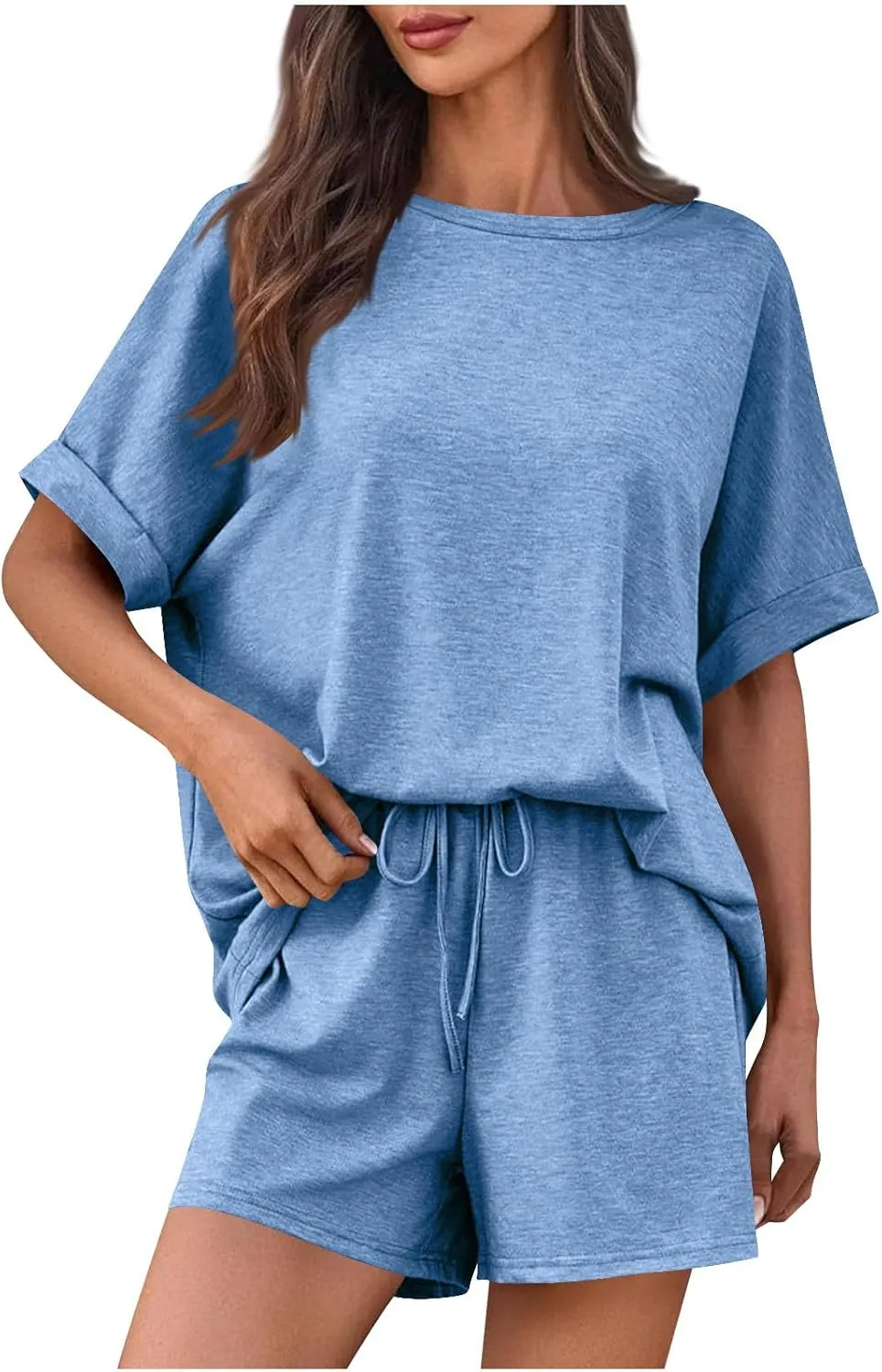 DDAPJ pyju Women's 2 Piece Loungewear Sets Casual Rolled Short Sleeve Sleepwear Drawstring Waist Shorts Soft Pajamas Set