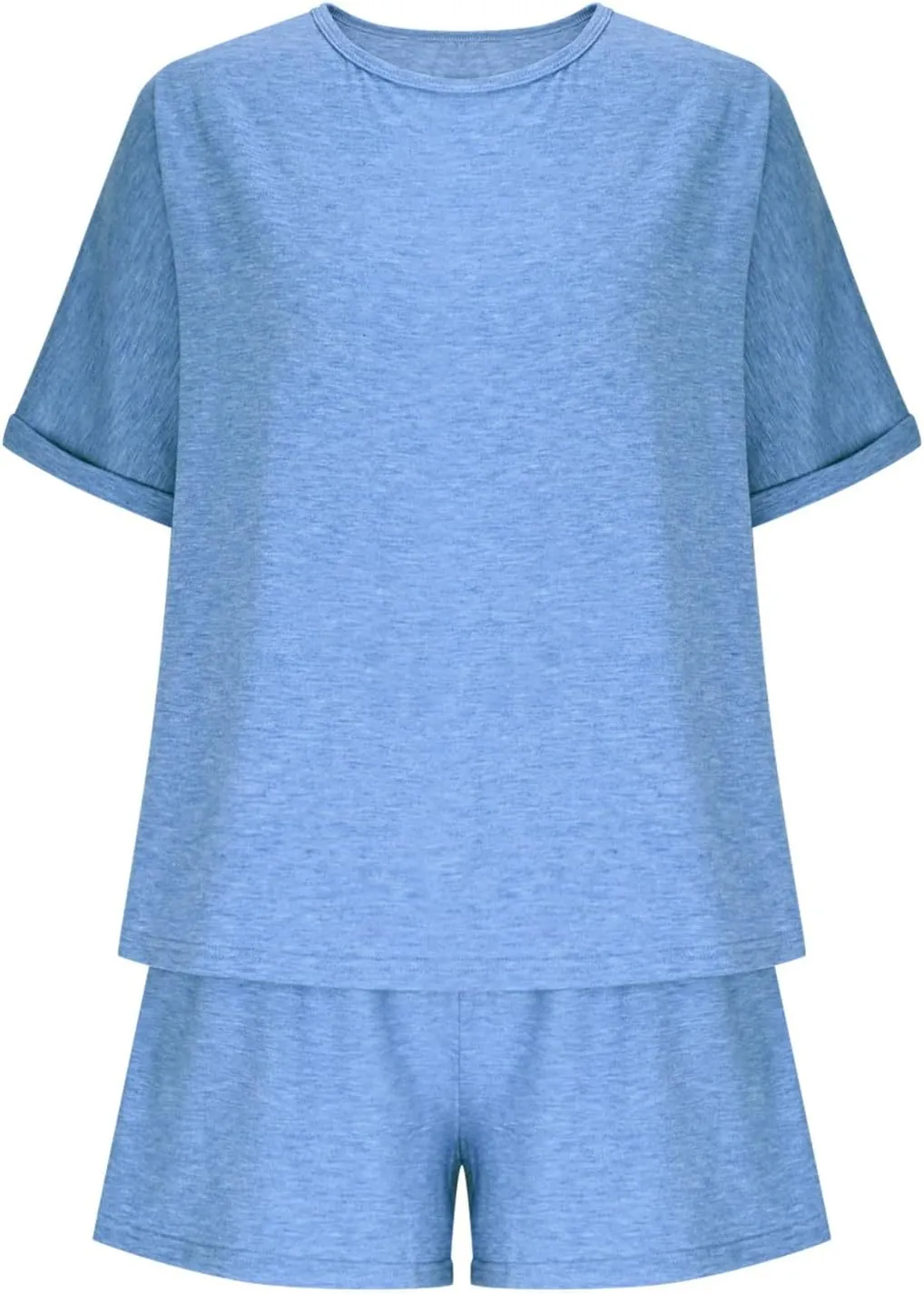 DDAPJ pyju Women's 2 Piece Loungewear Sets Casual Rolled Short Sleeve Sleepwear Drawstring Waist Shorts Soft Pajamas Set