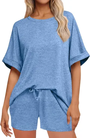 DDAPJ pyju Women's 2 Piece Loungewear Sets Casual Rolled Short Sleeve Sleepwear Drawstring Waist Shorts Soft Pajamas Set